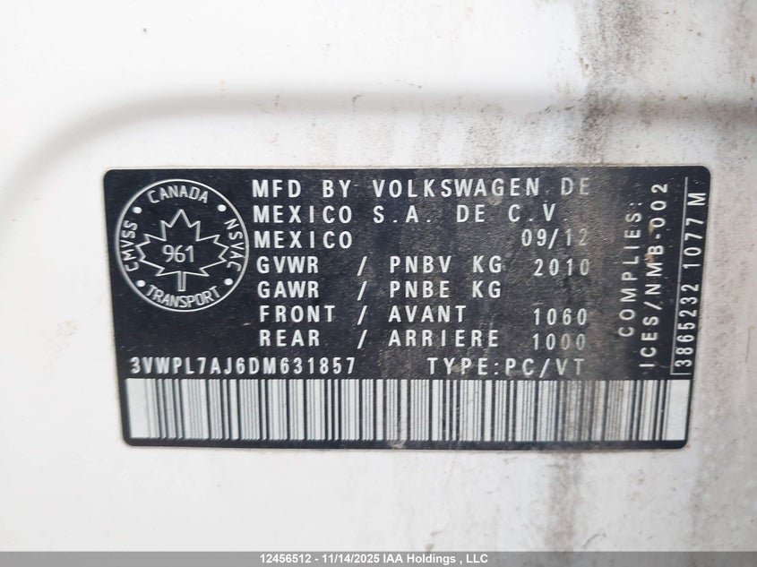 2013 Volkswagen Golf 2.0 Tdi Comfortline/2.0 Tdi Highline VIN: 3VWPL7AJ6DM631857 Lot: 12456512