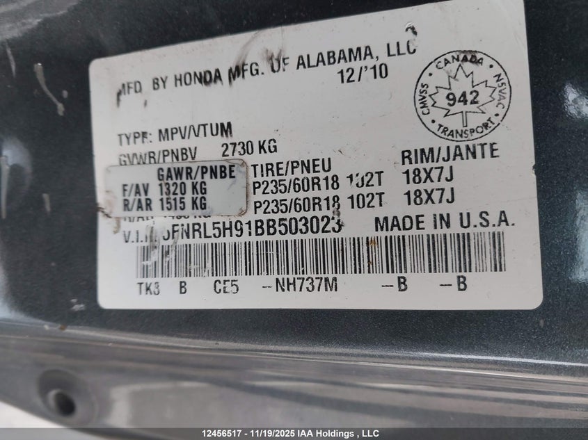 5FNRL5H91BB503023 2011 HONDA ODYSSEY photo no. 19
