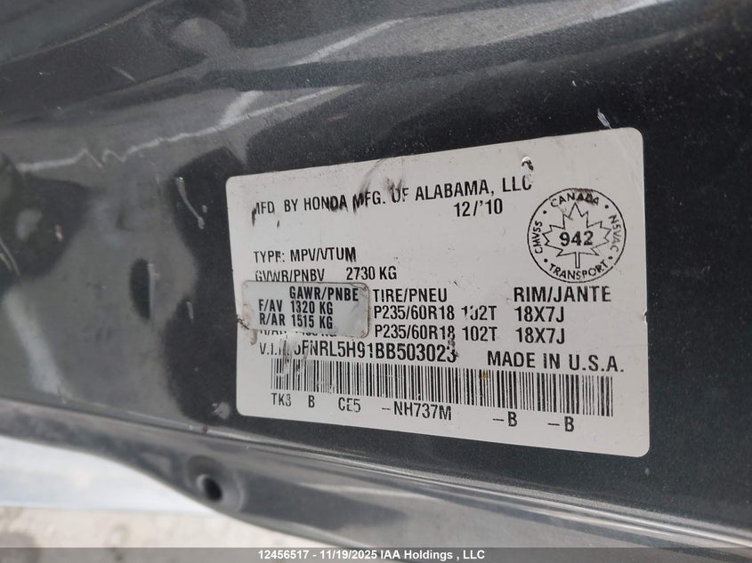 5FNRL5H91BB503023 2011 HONDA ODYSSEY photo no. 9