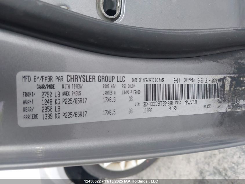 2015 Dodge Journey Sxt VIN: 3C4PDCCG9FT554288 Lot: 12456522