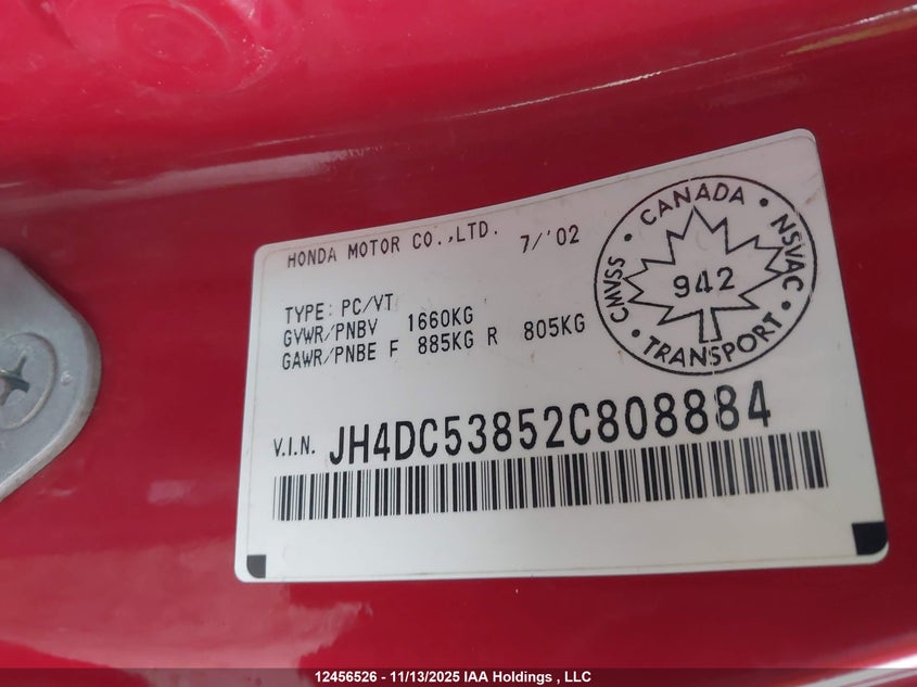 2002 Acura Rsx Premium VIN: JH4DC53852C808884 Lot: 12456526