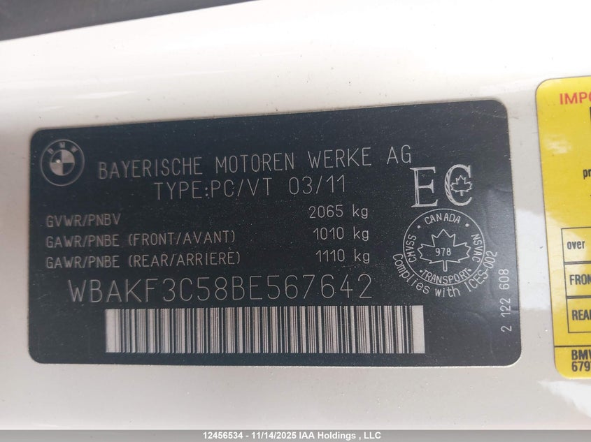 2011 BMW 328I xDrive VIN: WBAKF3C58BE567642 Lot: 12456534