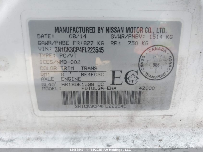 2015 Nissan Micra VIN: 3N1CK3CP4FL223545 Lot: 12456549