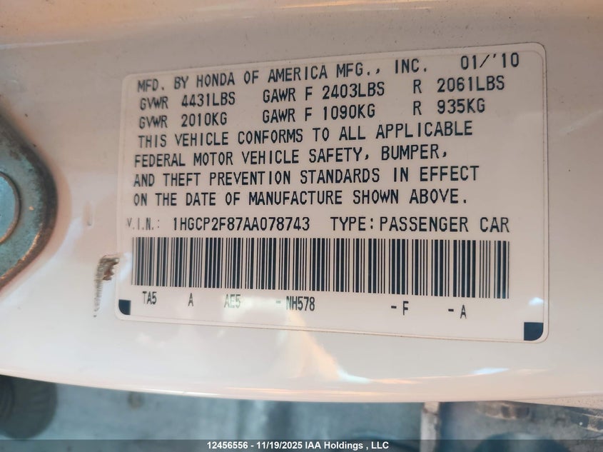 1HGCP2F87AA078743 2010 HONDA ACCORD photo no. 9