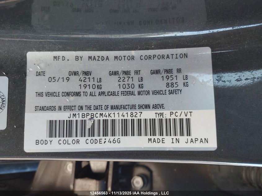 2019 Mazda Mazda3 Gs VIN: JM1BPBCM4K1141827 Lot: 12456563