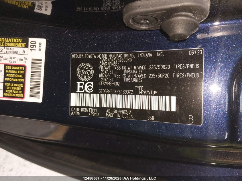 2023 Toyota Sienna VIN: 5TDGRKECXPS169372 Lot: 12456567