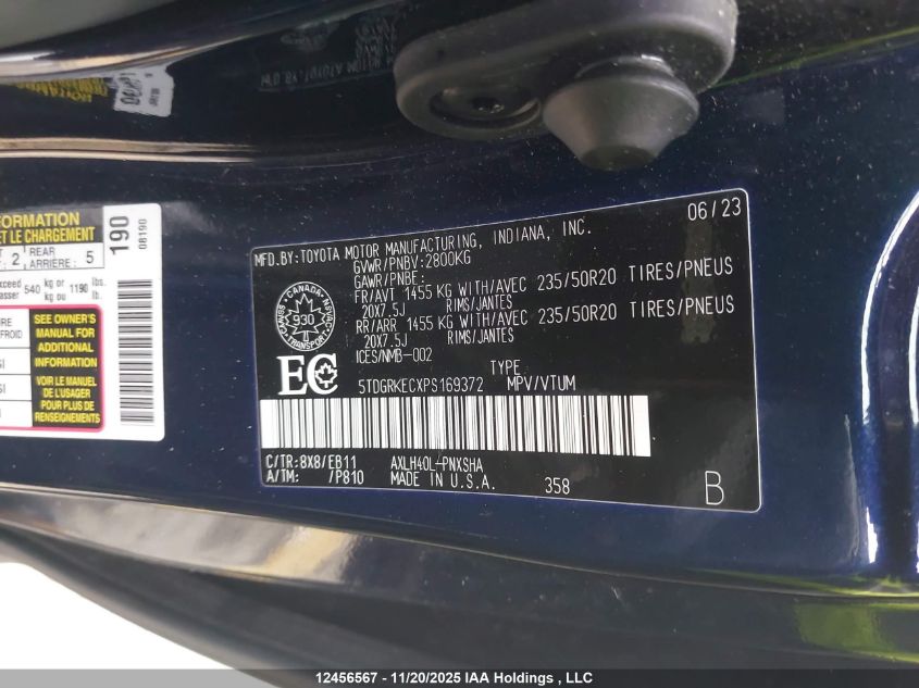 2023 Toyota Sienna VIN: 5TDGRKECXPS169372 Lot: 12456567