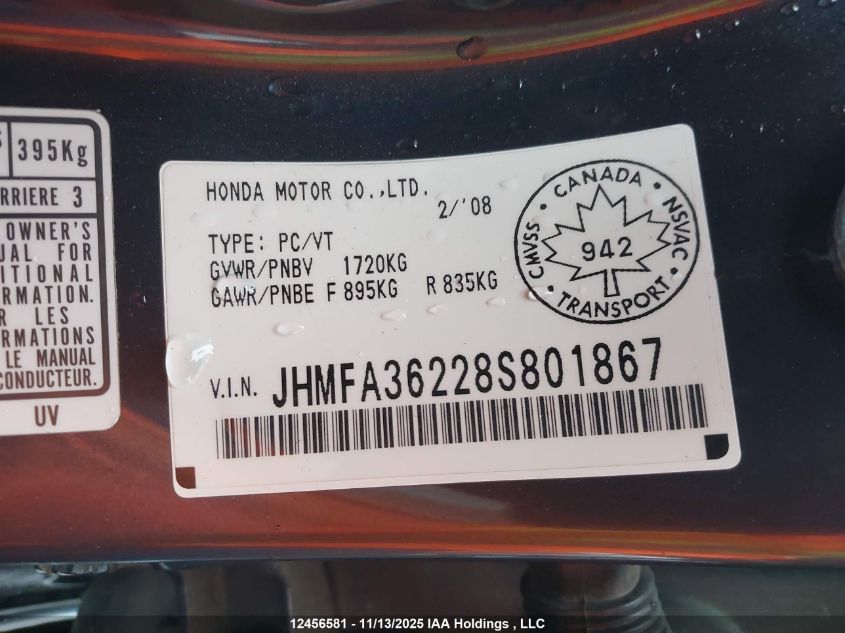 2008 Honda Civic VIN: JHMFA36228S801867 Lot: 12456581