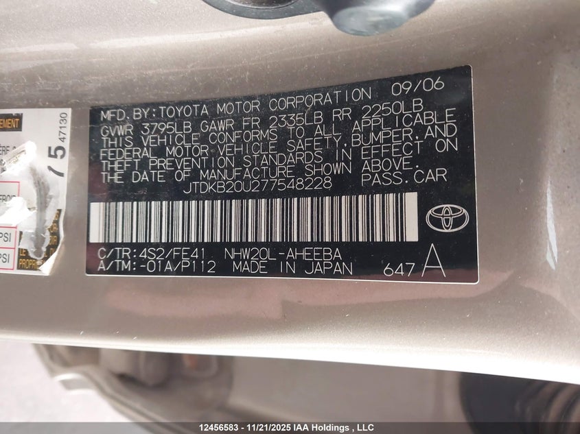 2007 Toyota Prius VIN: JTDKB20U277548228 Lot: 12456583