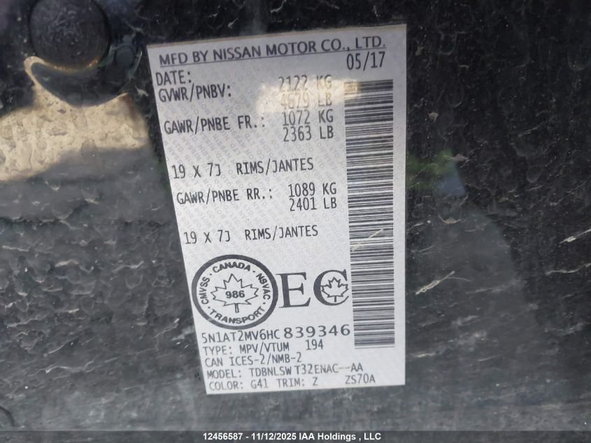 2017 Nissan Rogue Sl VIN: 5N1AT2MV6HC839346 Lot: 12456587