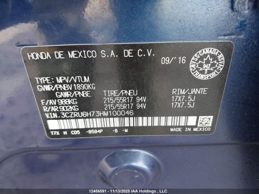 2017 Honda Hr-V Exl VIN: 3CZRU6H73HM100046 Lot: 12456591