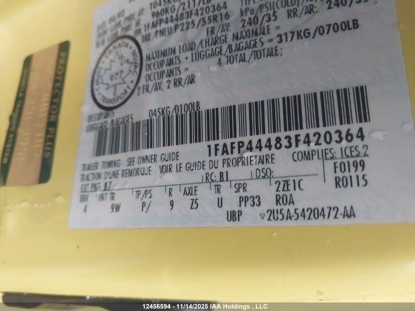 2003 Ford Mustang VIN: 1FAFP44483F420364 Lot: 12456594