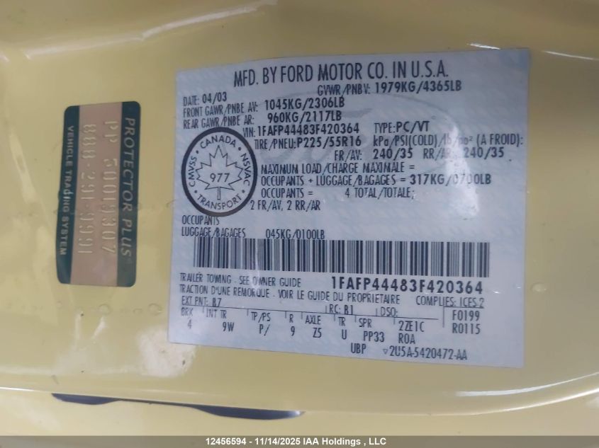 2003 Ford Mustang VIN: 1FAFP44483F420364 Lot: 12456594