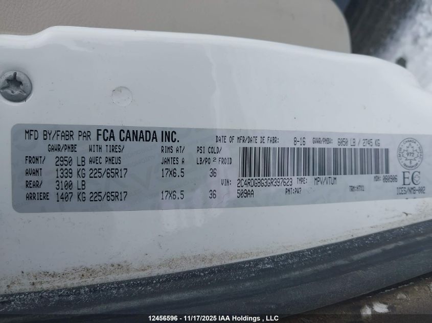 2016 Dodge Grand Caravan Se VIN: 2C4RDGBG3GR397623 Lot: 12456596