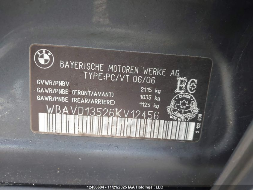 2006 BMW 325 Xi VIN: WBAVD13526KV12456 Lot: 12456604