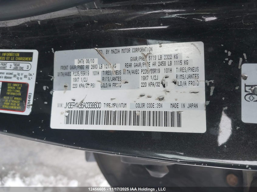 2010 Mazda Cx-7 VIN: JM3ER4W36A0338600 Lot: 12456605