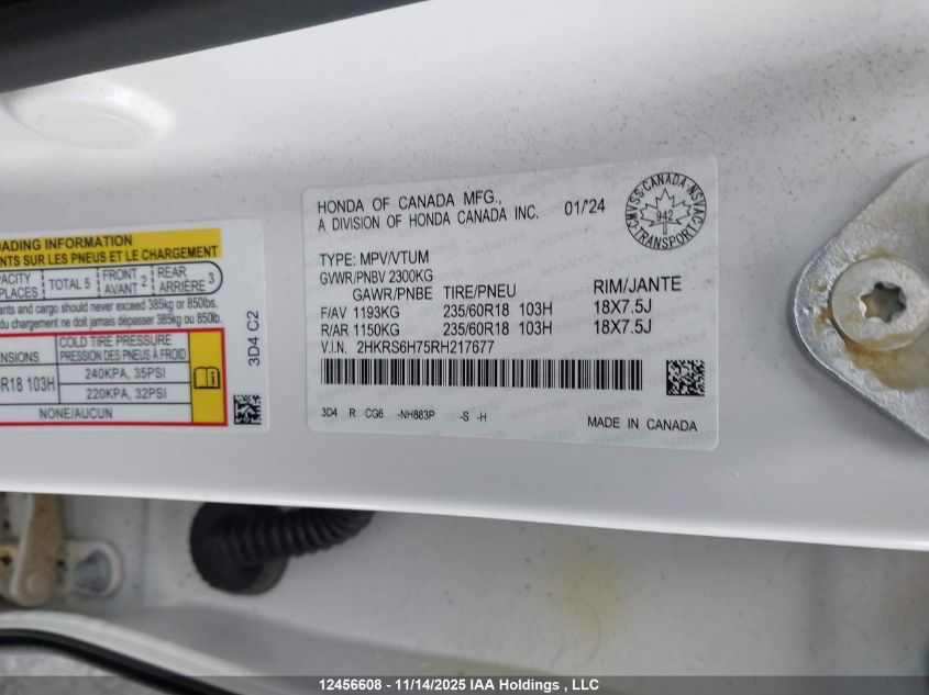 2024 Honda Cr-V Hybrid VIN: 2HKRS6H75RH217677 Lot: 12456608