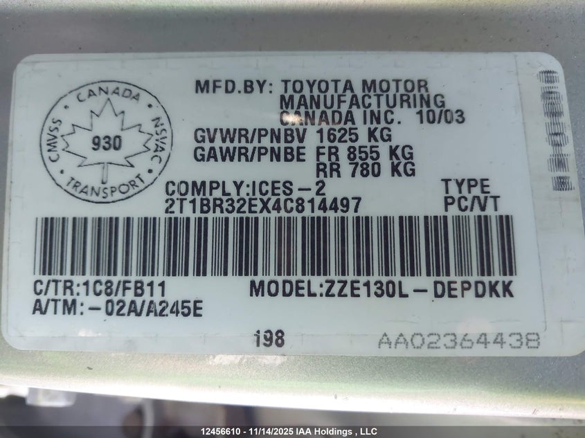 2T1BR32EX4C814497 2004 TOYOTA COROLLA photo no. 9