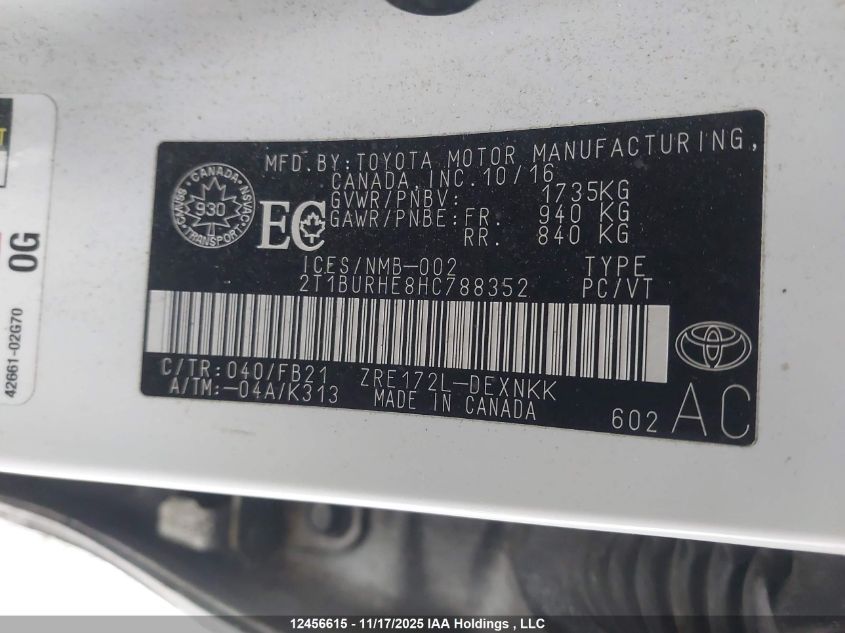 2017 Toyota Corolla Le VIN: 2T1BURHE8HC788352 Lot: 12456615