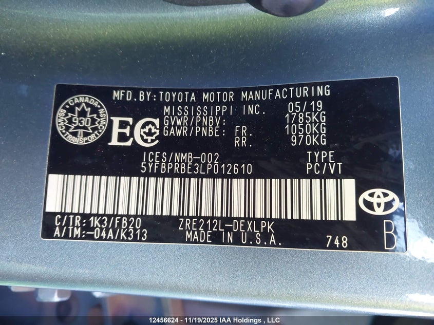 2020 Toyota Corolla Le VIN: 5YFBPRBE3LP012610 Lot: 12456624