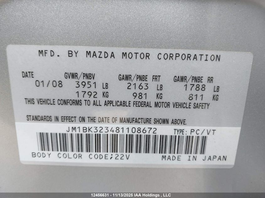 2008 Mazda Mazda3 Gt VIN: JM1BK323481108672 Lot: 12456631