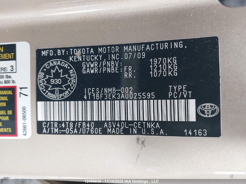 2010 Toyota Camry Le VIN: 4T1BF3EK3AU025595 Lot: 12456635