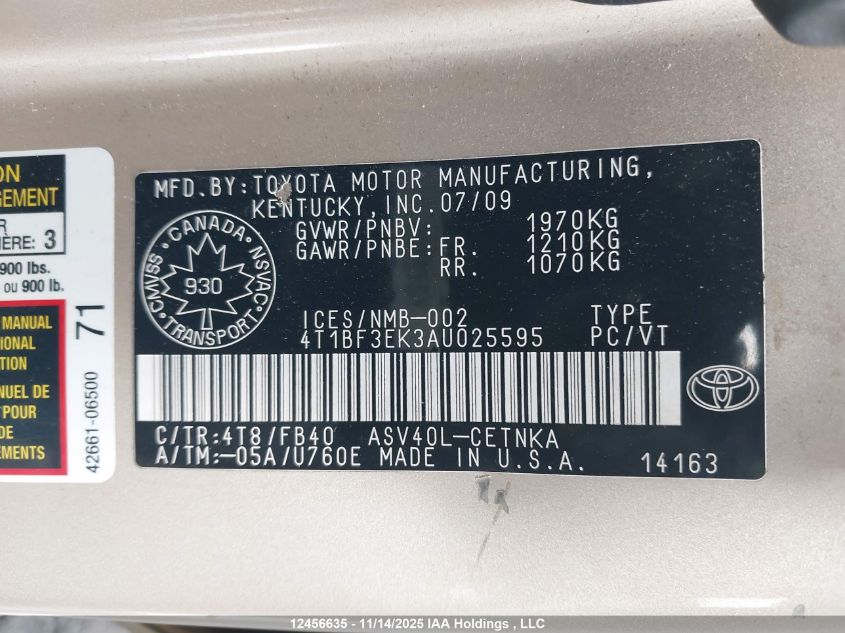 2010 Toyota Camry Le VIN: 4T1BF3EK3AU025595 Lot: 12456635