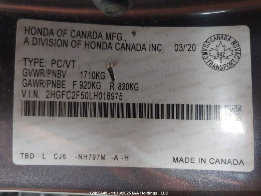 2020 Honda Civic Lx VIN: 2HGFC2F50LH016975 Lot: 12456649