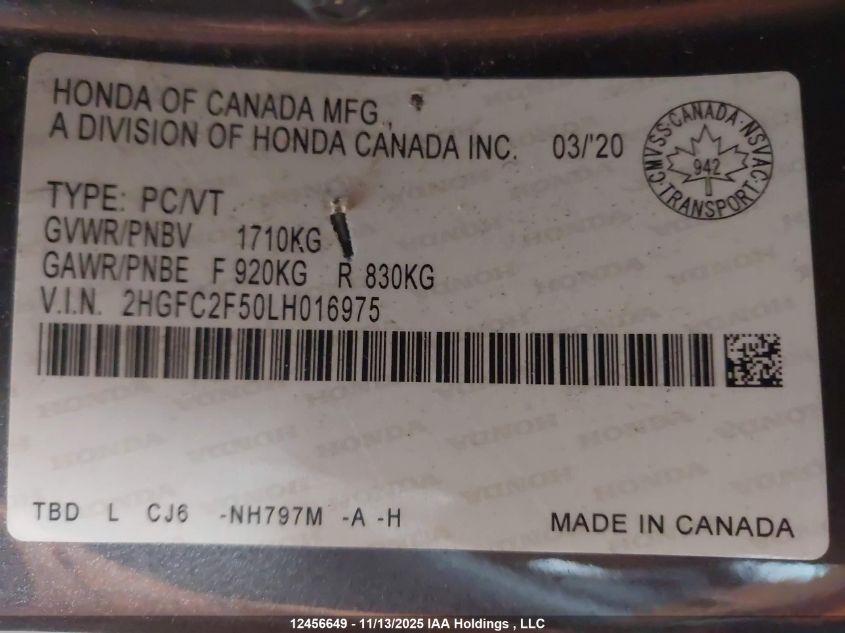 2020 Honda Civic Lx VIN: 2HGFC2F50LH016975 Lot: 12456649