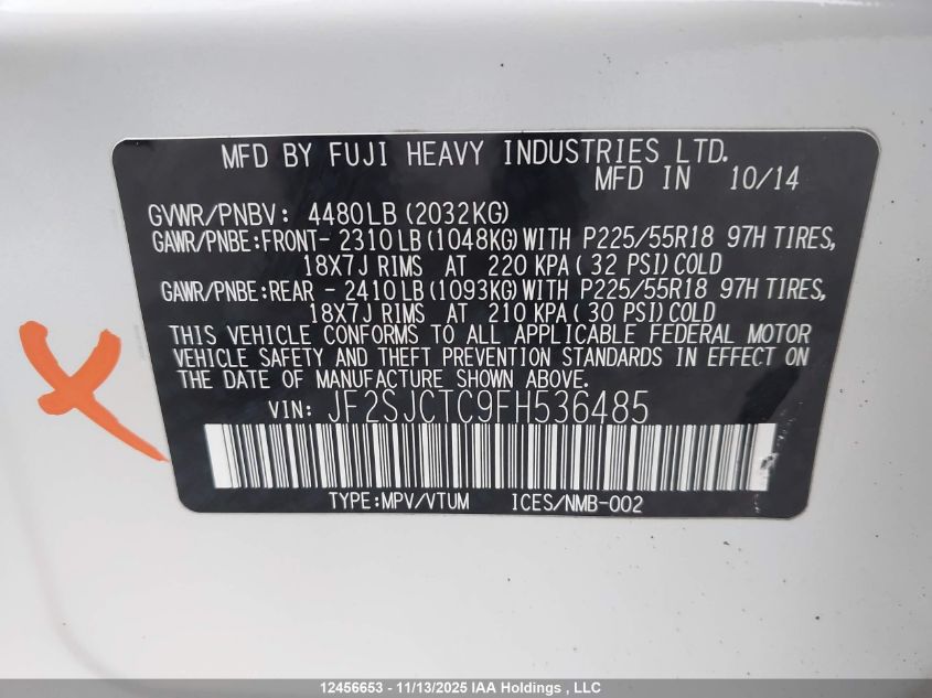 2015 Subaru Forester 2.5I Touring VIN: JF2SJCTC9FH536485 Lot: 12456653