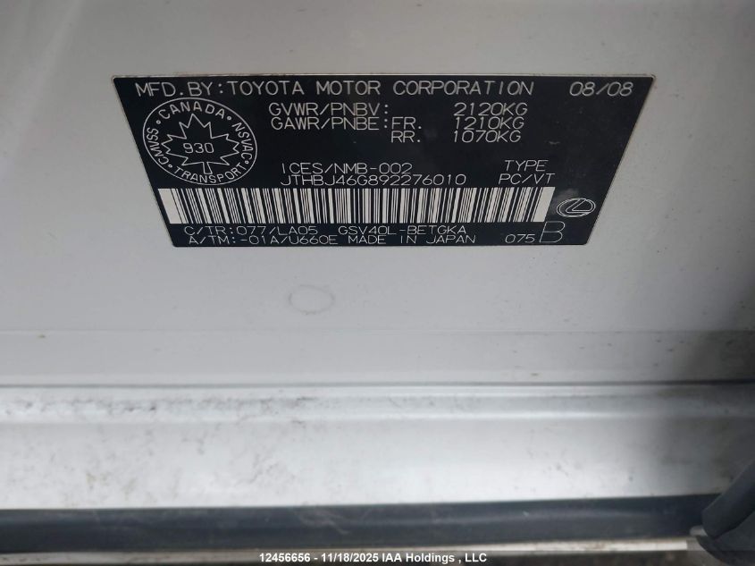 2009 Lexus Es350 VIN: JTHBJ46G892276010 Lot: 12456656