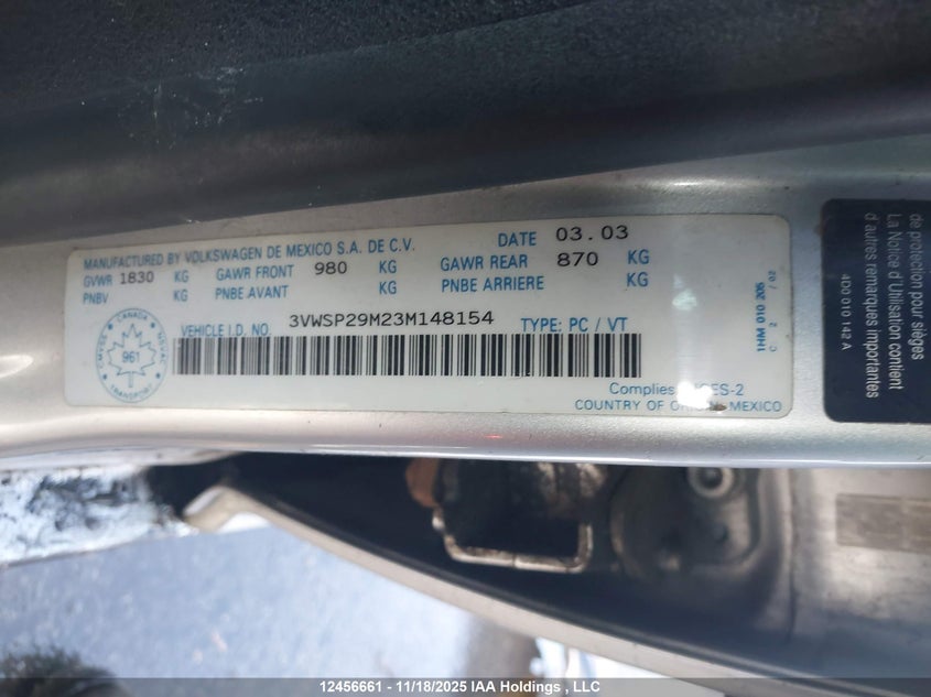 2003 Volkswagen Jetta Gls Tdi VIN: 3VWSP29M23M148154 Lot: 12456661