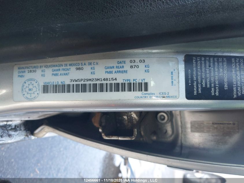 2003 Volkswagen Jetta Gls Tdi VIN: 3VWSP29M23M148154 Lot: 12456661