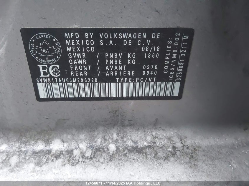 2018 Volkswagen Golf S/Se VIN: 3VWB17AU6JM296220 Lot: 12456671