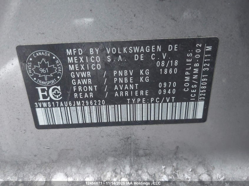 2018 Volkswagen Golf S/Se VIN: 3VWB17AU6JM296220 Lot: 12456671