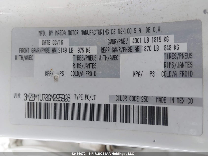 2016 Mazda 3 Sport VIN: 3MZBM1U78GM295928 Lot: 12456672