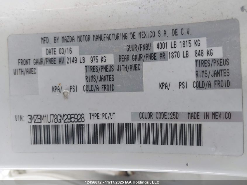 2016 Mazda 3 Sport VIN: 3MZBM1U78GM295928 Lot: 12456672