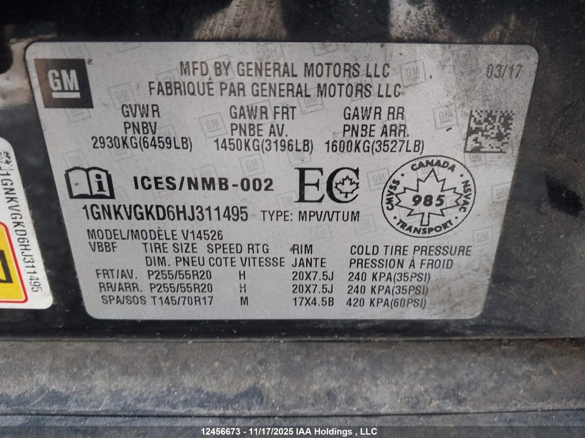 1GNKVGKD6HJ311495 2017 CHEVROLET TRAVERSE photo no. 9