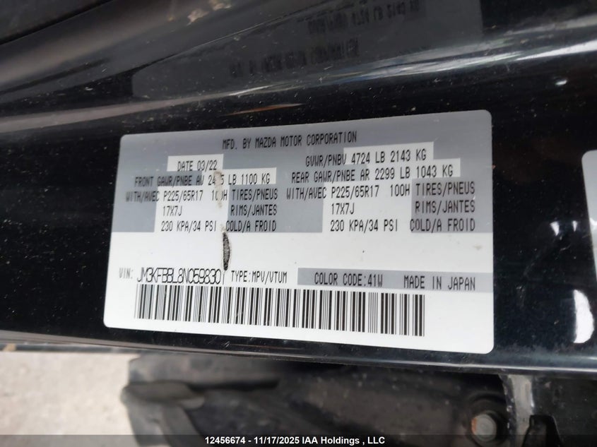 2022 Mazda Cx-5 Gx VIN: JM3KFBBL8N0598301 Lot: 12456674