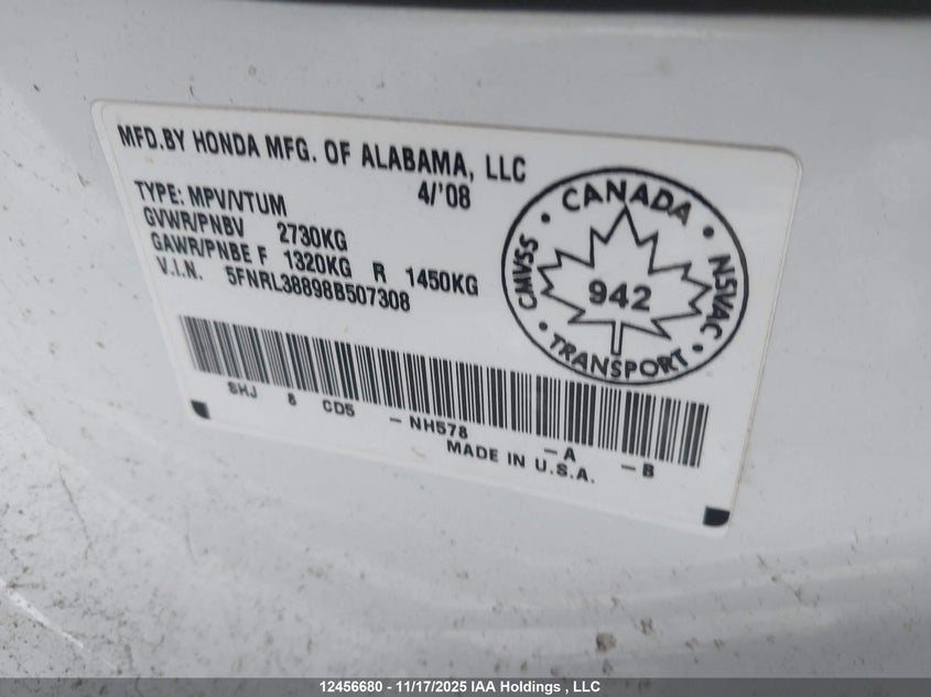 5FNRL38898B507308 2008 HONDA ODYSSEY photo no. 18