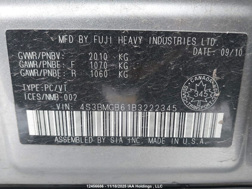 2011 Subaru Legacy 2.5I Premium VIN: 4S3BMGB61B3222345 Lot: 12456686