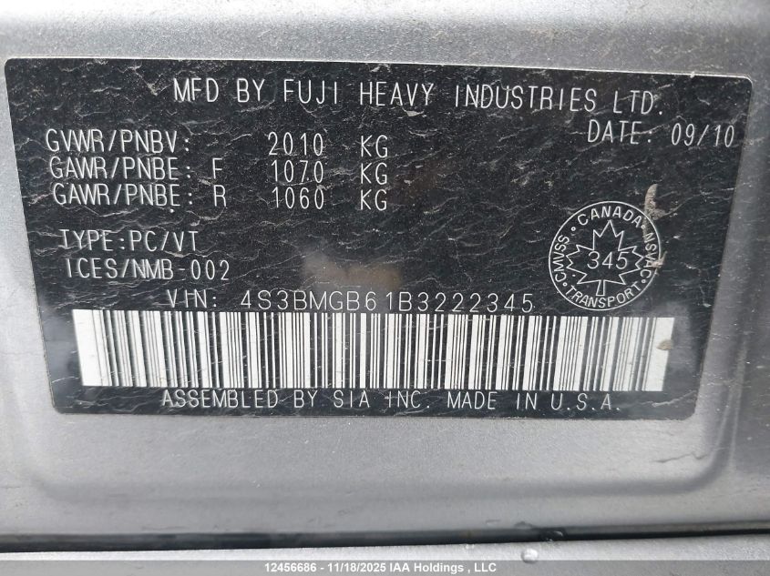 2011 Subaru Legacy 2.5I Premium VIN: 4S3BMGB61B3222345 Lot: 12456686