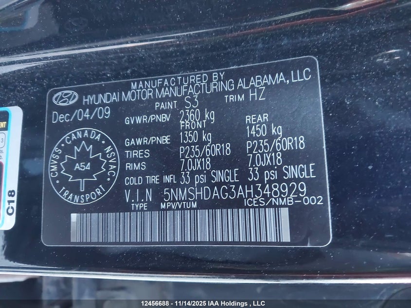 2010 Hyundai Santa Fe Se VIN: 5NMSHDAG3AH348929 Lot: 12456688