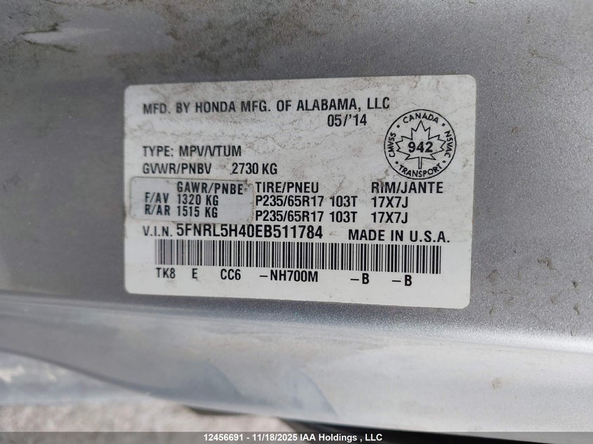 5FNRL5H40EB511784 2014 HONDA ODYSSEY photo no. 9