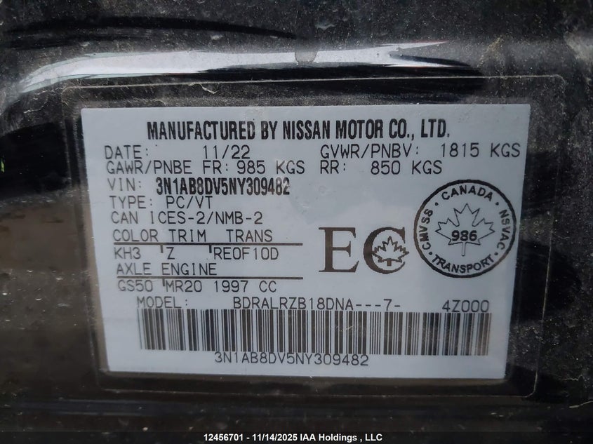 2022 Nissan Sentra Sr VIN: 3N1AB8DV5NY309482 Lot: 12456701