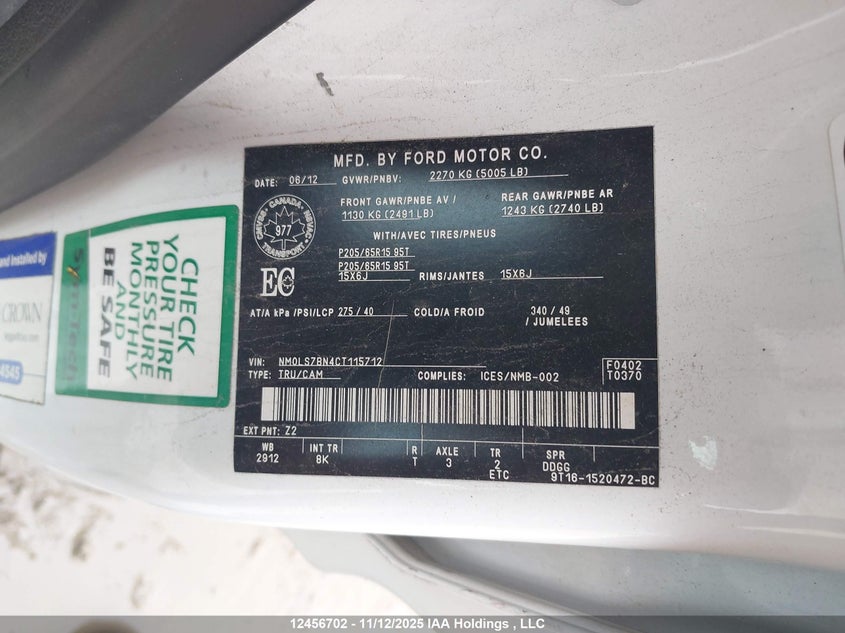 2012 Ford Transit Connect Xlt VIN: NM0LS7BN4CT115712 Lot: 12456702