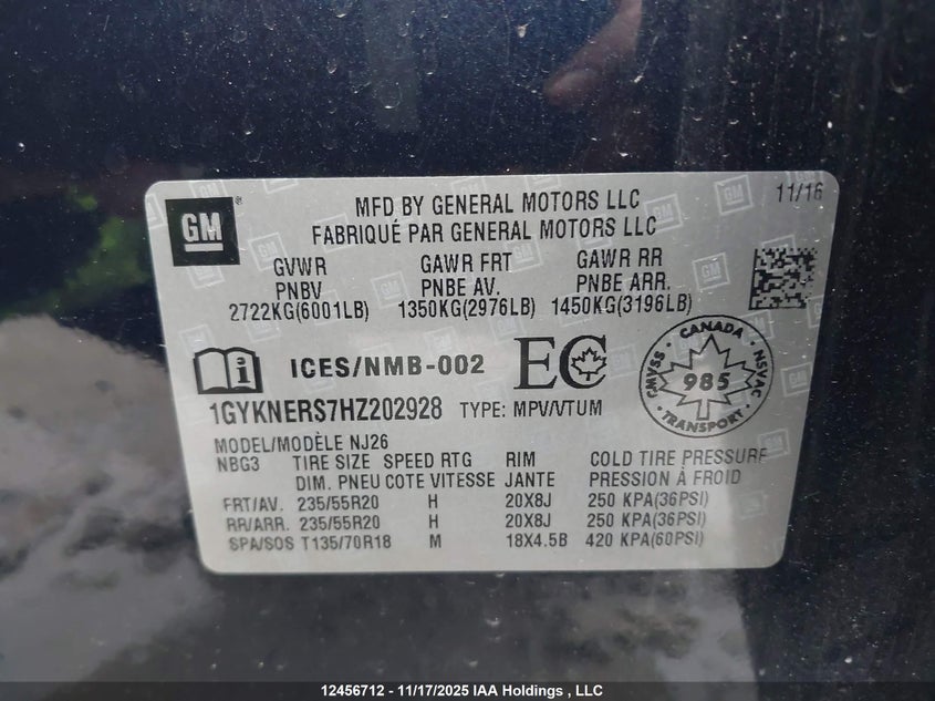 2017 Cadillac Xt5 Premium Luxury VIN: 1GYKNERS7HZ202928 Lot: 12456712