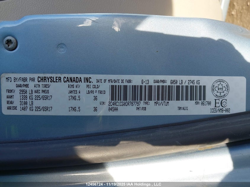 2013 Chrysler Town & Country Touring L VIN: 2C4RC1CG0DR787797 Lot: 12456724