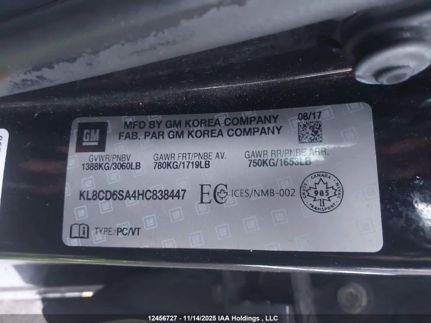 2017 Chevrolet Spark 1Lt VIN: KL8CD6SA4HC838447 Lot: 12456727