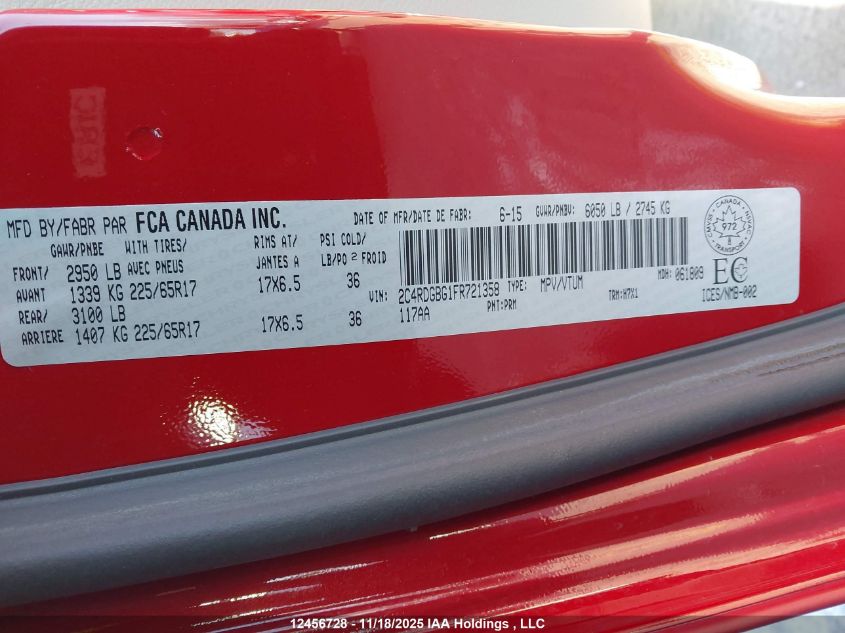 2015 Dodge Grand Caravan Se VIN: 2C4RDGBG1FR721358 Lot: 12456728